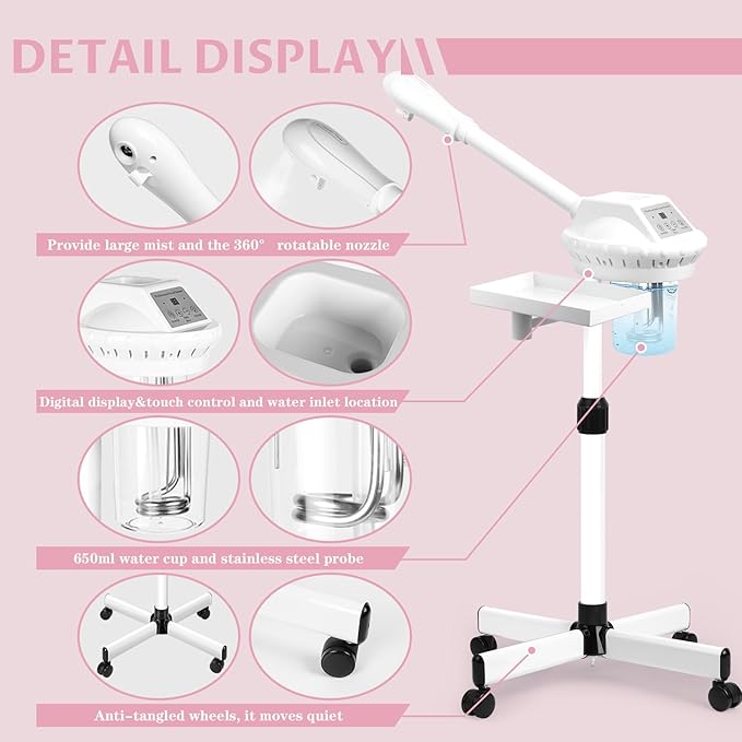 Facial Steamer Professional, Facial Steamer on Wheels with Storage Platform, Face Steamer with More Steam for Deep Cleansing and Hydration, Estheticians Steamer for Beauty, Spa and Home Use（White）