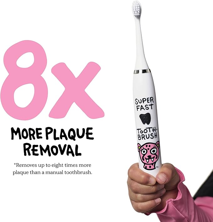 Made by Dentists Kids Electric Toothbrush - Rechargeable Vibrating Toothbrush with Timer, Includes 6 Replacement Heads, Gently Cleans Teeth, Girls and Boys, Kid & Toddlers Age 2+, Cheetah