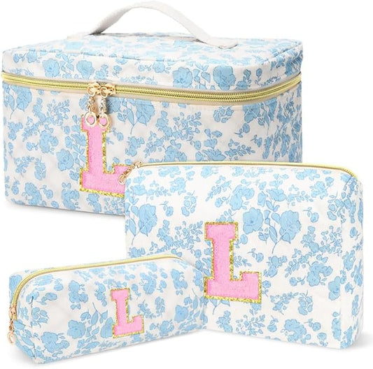 3 PCS Travel Makeup Bag Set,A-Z Initials Cotton Make up Bag Floral Quilted Cosmetic Bag for Girls and Women,Personalized Christmas Gifts,Cute Toiletry Travel Accessories Brushes Bags-L