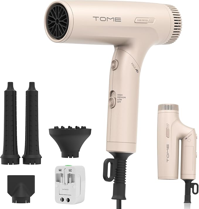 TOME 1200W Hair Dryer Travel Dual Voltage 120V/240V Foldable Blow Dryer with Diffuser Comb Nozzle Storage Bag Universal Power Adapter (Pink)