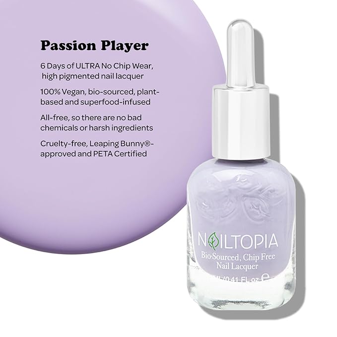 Nailtopia Bio-Sourced, Chip Free Nail Lacquer - All Natural, Strengthening Biotin and Superfood-Infused Polish - Chip Resistant Formula - Quick-Dry, Long Lasting Wear - Passion Player - 0.41 oz