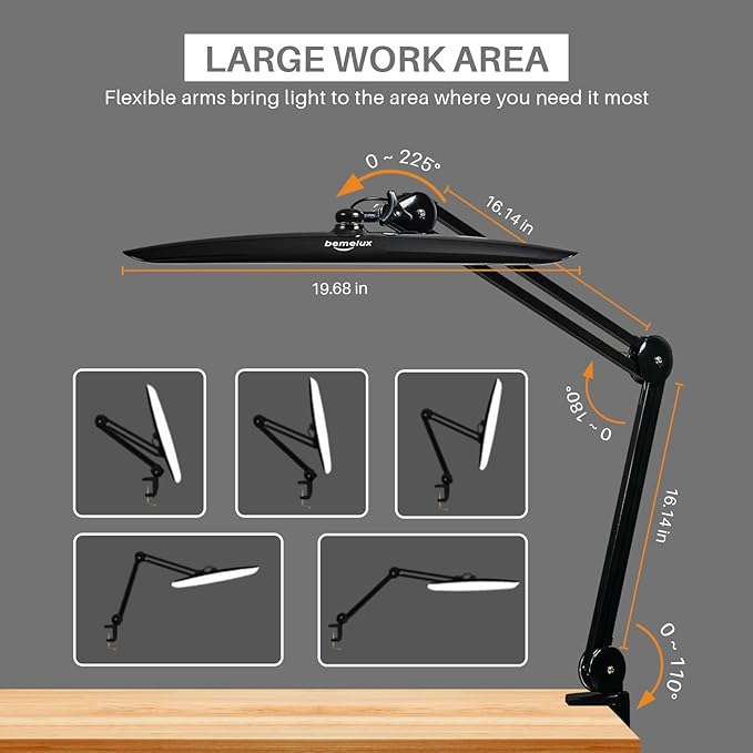 24W LED Desk Lamp with Clamp, 5 Dimming Modes, 5 Color temperatures up to 6000K, 2200 Lumens High Brightness Working Lamp with 182 Pcs LED(Black, CCT)