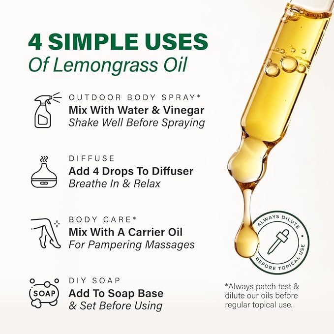 KUKKA Lemongrass Essential Oils - 4 Fl Oz - for Hair, Skin, Diffuser, Aromatherapy & DIY Soap Making Scent