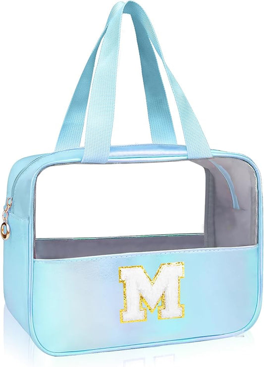 Personalized Initial Clear Makeup Bag Blue Cosmetic Bag Set Large Travel Toiletry Bag, Cute Clear Make Up Bags Organizer Bag for Girlfriend Teacher Gifts Teen Girl Gifts Trendy Stuff M (Blue)
