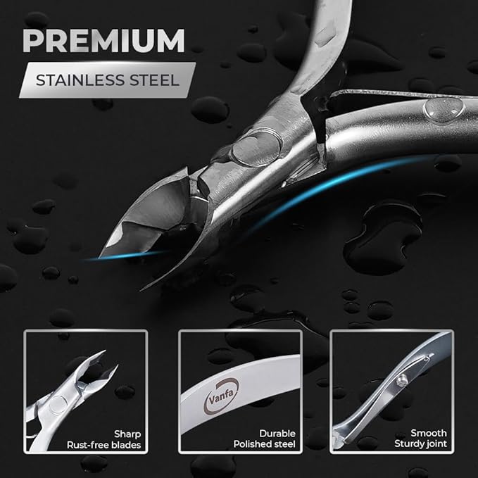 Vanfa Cuticle Nippers, Cuticle Trimmer, Professional Cuticle Cutter - Extremely Sharp - Stainless Steel - Square Head - Single Spring - VF05 Jaw #14 (Pack of 3)