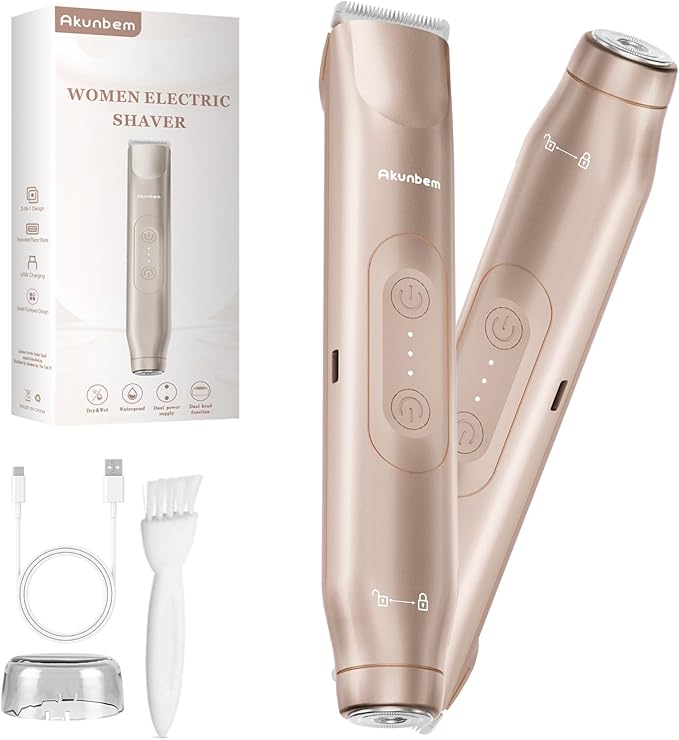 Bikini Trimmer for Women - 2 in 1 Electric Razors for Women - Dual Head Electric Shaver - IPX7 Waterproof Wet & Dry Use Body Hair Trimmer and Facial Hair Remover for Bikini Underarm Leg Arm