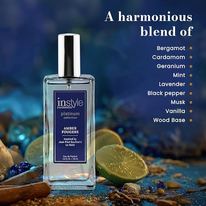 InStyle Fragrances, Platinum Collection, Amber Fougere, Inspired by Jean Paul Gaultier’s Le Male, Men’s Eau de Parfum, CLEAN, Vegan, Paraben-Free, Never Tested on Animals, 3.4 Fluid Ounces