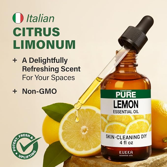 KUKKA Lemon Essential Oils - 4 Fl Oz - for Hair, Skin, Diffuser, Aromatherapy & DIY Soap Making Scent