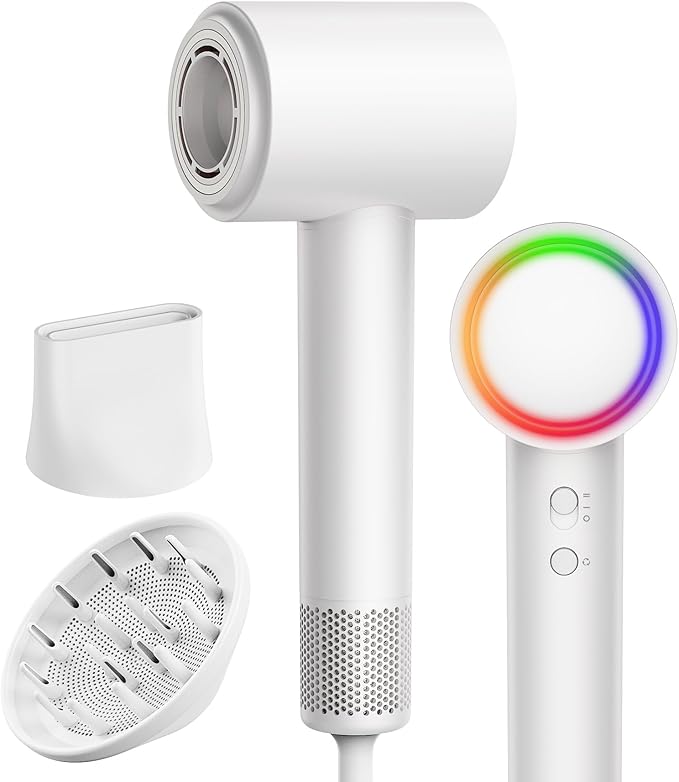 16W RPM High-Speed Hair Dryer for Fast Drying, Quiet lonic Blow Dryer with Frizz Control & No Heat Damage, Lightweight Travel Hair Dryer with Magnetic Nozzles for Curly & Straight Hair (White)