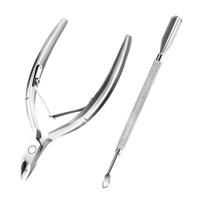 Cuticle Trimmer with Cuticle Pusher and Scissors, Cuticle Remover Professional Durable Pedicure Manicure Tools, Stainless Steel Cuticle Nipper Cutter Clipper (Silver Pusher)