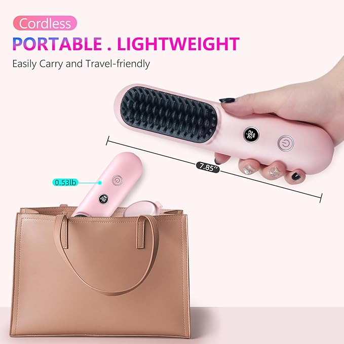 LCD Screen Cordless Hair Straightener Curler 2 in 1, Portable Mini Hair Straightening Brush for Travel Negative Ionic Fast Heating Hot Comb for Women, Folding Brush with Mirror, Pink