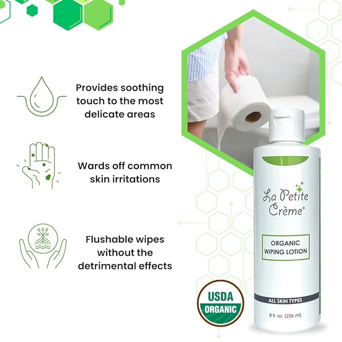 La Petite French Premium Wiping Lotion (8 oz) - Alternative to Wet Wipes for Better Bathroom Experience - Skin Cleanser & Moisturizer - Flushable - USDA Certified Organic and EWG Verified