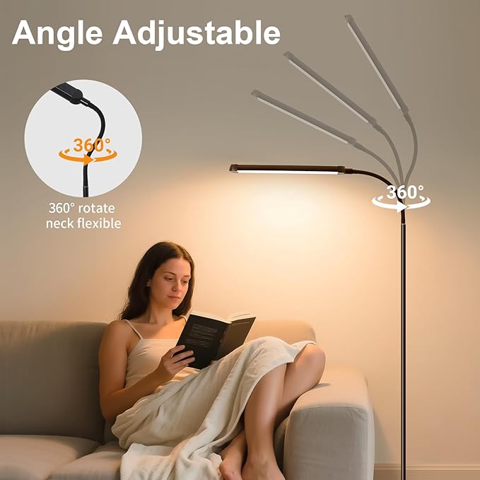 Modern LED Floor Lamp for Reading in Black, Bright 12W Dimmable Standing Light with Adjustable Gooseneck, 3 Color Temperatures, for Living Room corner, Office, Study Room, bedroom bedside nursery,lash