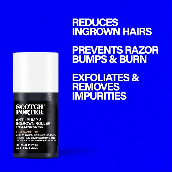 Scotch Porter Anti-Bump & Ingrown Roller for Men – Treats Razor Bumps & Ingrown Hairs with Aloe Vera & Salicylic Acid – For Smooth, Balanced Skin – 3.04 oz.