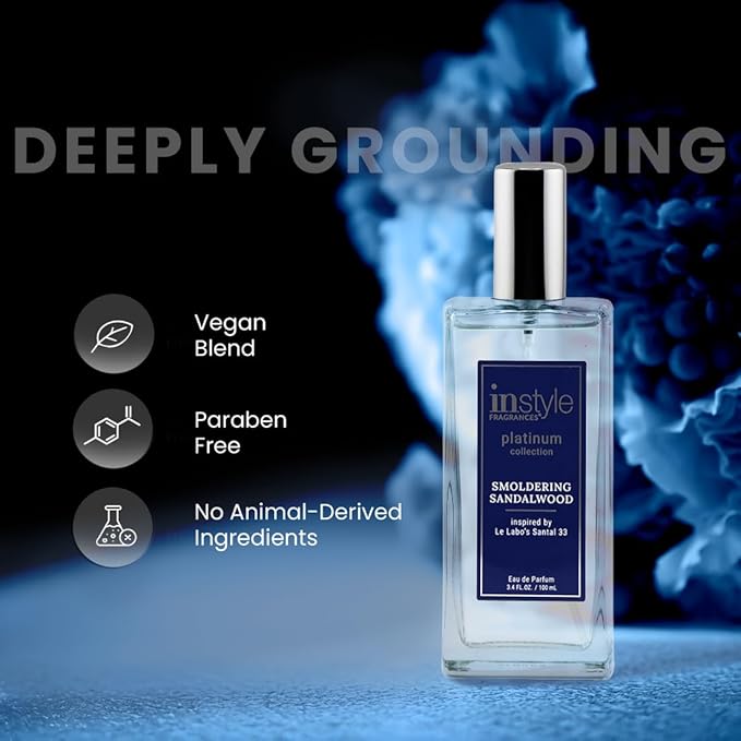 Instyle Fragrances, Platinum Collection, Smoldering Sandalwood, Inspired by Le Labo’s Santal 33, Unisex Eau de Parfum, CLEAN, Vegan, Paraben-Free, Never Tested on Animals, 3.4 Fluid Ounces