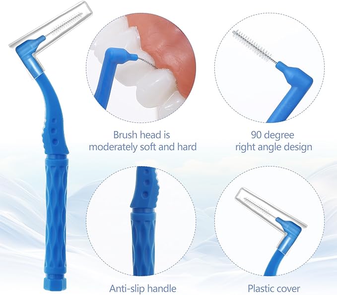 50pcs Interdental Brushes, Blue Soft Dental Brushes with Non-Slip Handle Angled Head Tooth Picks Floss Sticks Dental Floss Brushes for Braces Oral Cleaning Narrow Gaps Between Teeth