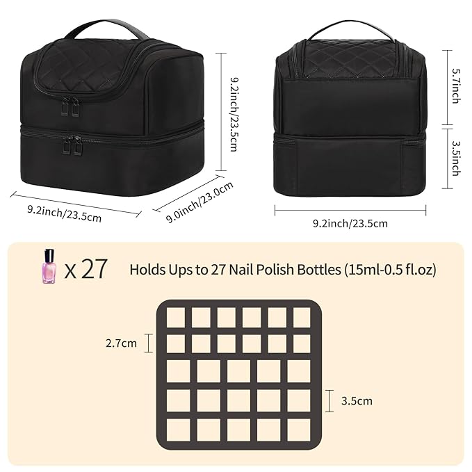 Nail Polish Organizer Case, Nail Supplies Storage Box Holds Nail Polish Bottles & Nail Lamp, Travel Nail Tech Carrying Case, Nail Kit Bag For Nail Stuff & Manicure Tools (Black, 27 Slots)