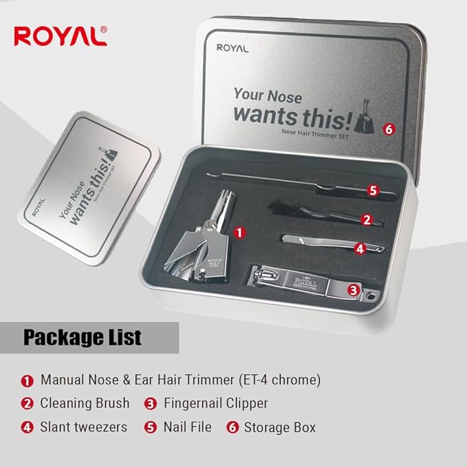 ROYAL [Made in Korea] Nose Hair Trimmer for Men Set, Birdie Set, with Nail Clippers and Tweezers, Manual, Battery-Free, Waterproof, Painless with Twelve Dual-Edged Blades, Patented Mechanism RET-4