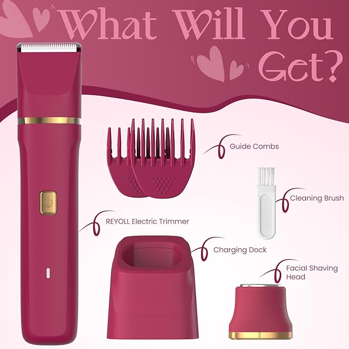 Bikini Razor for Women Men - Electric Waterproof Shaver Trimmer Hair Removal Groomer with Ceramic Blade Hypoallergenic USB Rechargeable Dock Wet Dry Body Facial Painless - Berry Red