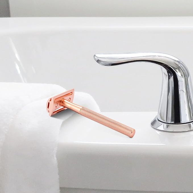 KINGHOOD Safety Razor Single Blade for Men with 10 Double Edge Blades Metal Reusable Eco Friendly Razors Rose Gold