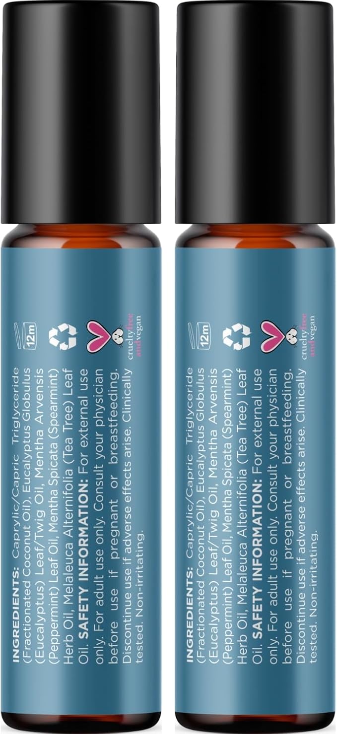Breathe Essential Oil Roll On - Aromatherapy Essential Oil Roller with Invigorating Essential Oils - Refreshing Essential Oil Blend with Eucalyptus Peppermint Spearmint & Tea Tree Oils (2 Pack)