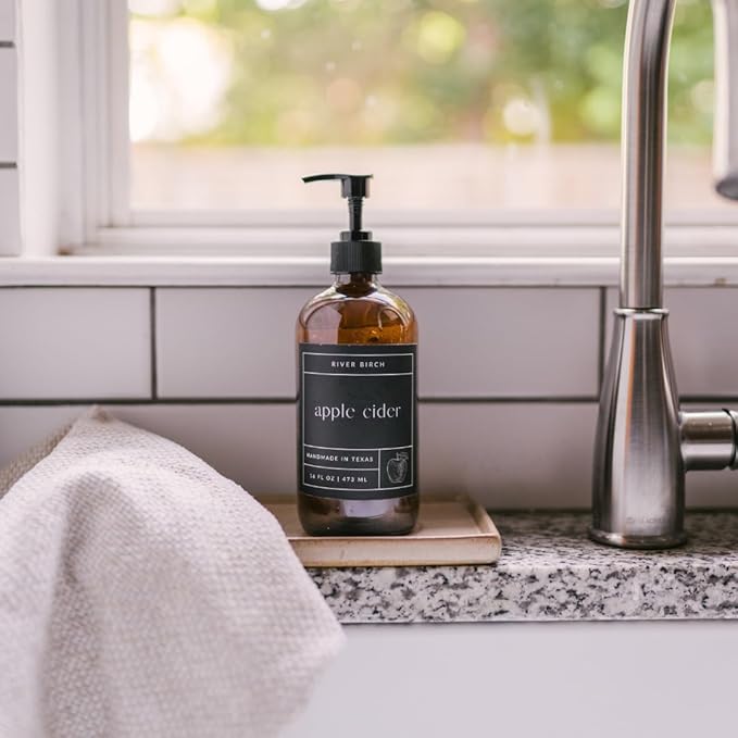 River Birch Apple Cider Scented Natural Hand Soap - Handmade Soap - Moisturizing Hand Wash with Amber Glass Dispenser - Luxury Scented Hydrating Hand Soap - Vegan and Non-Toxic - 16 Fl Oz