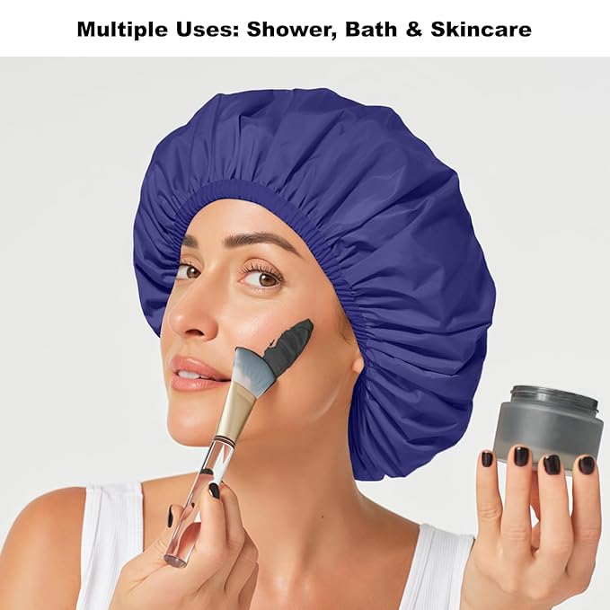 2 Pack Shower Caps for Women, Reusable Waterproof Shower Cap with Elastic Band, Thickened Waterproof Fabric Shower Bonnet for Braids, Long Hair (Black and Blue)