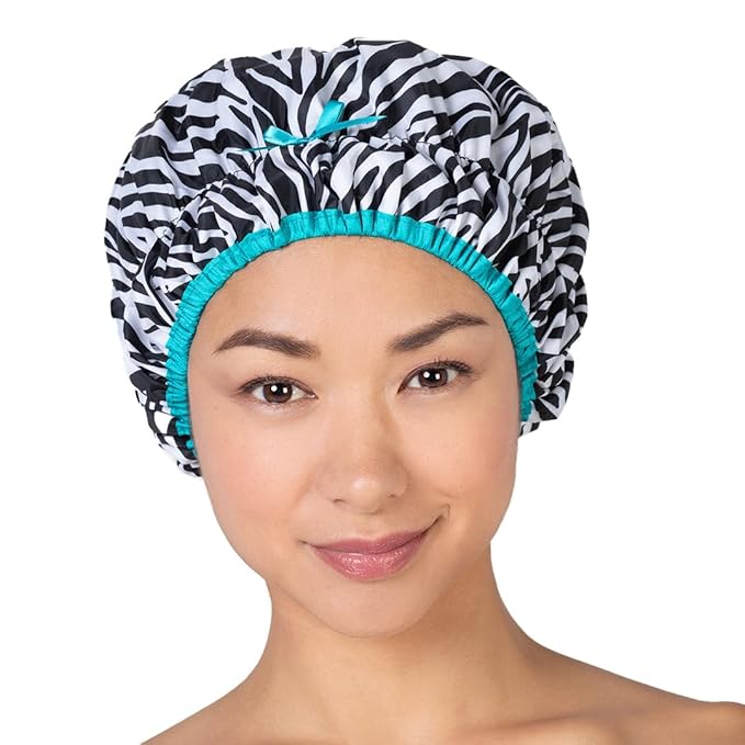 Reusable Shower & Bath Cap & Lined, Oversized Waterproof Shower Caps Large Designed for all Hair Lengths with PEVA Lining & Elastic Band Stretch Hem Hair Hat - Fashionista Sassy Stripes