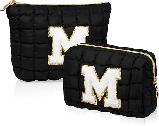 2PCS Initial Checkered Makeup Bag, Large Quilted Cosmetic Bag, Cute Make up Pouch for Purse, Travel Toiletry Storage Bag for Women Preppy Teen Girls Gift Trendy Stuff Gift (Black M)