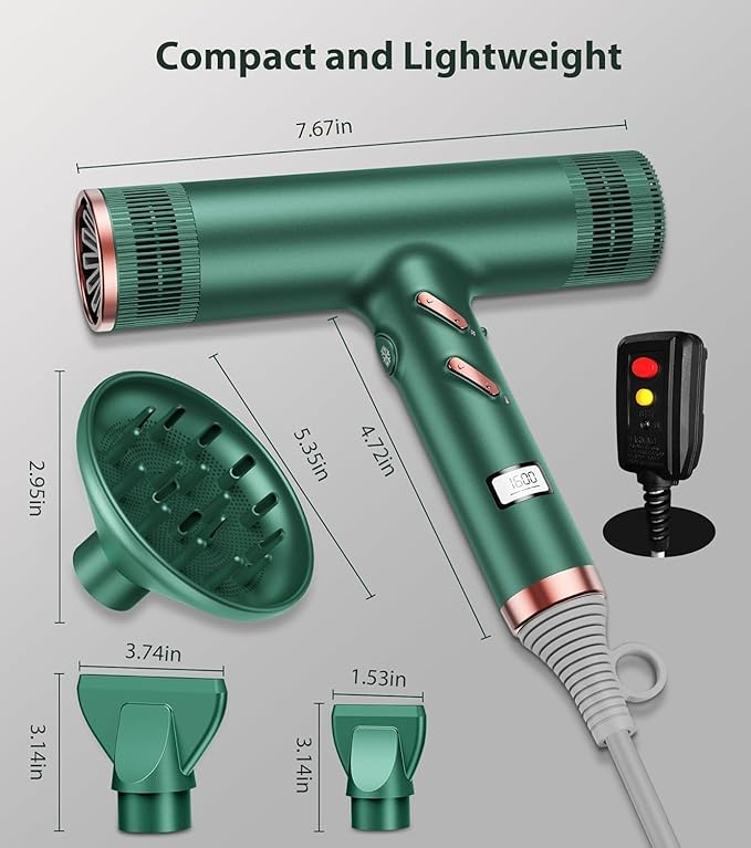 Hair Dryer with Diffuser, Professional Brushless Motor Blow Dryer, 3 Heating/3 Speed/Cold Botton for Fast-Drying, Portable Dryer Gifts for Women/Men