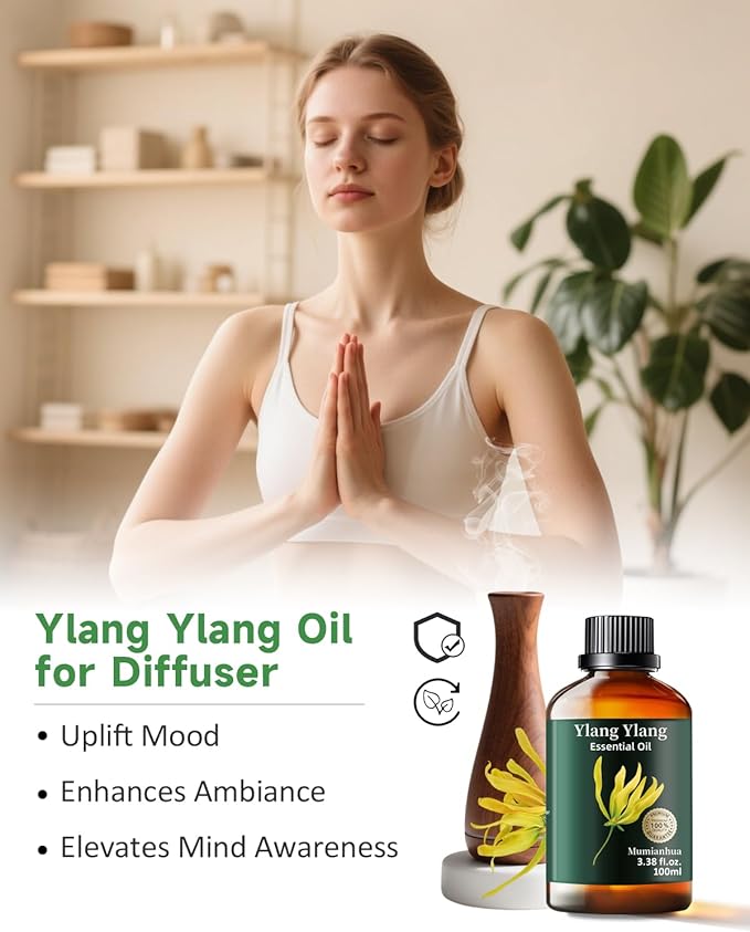 Mumianhua 100% Pure Ylang Ylang Essential Oil Natural Ylang Ylang Oil for Diffuser, Perfumes, Aromatherapy, DIY,Skin, Hair, Candle, Soap Making 3.38 Fl Oz