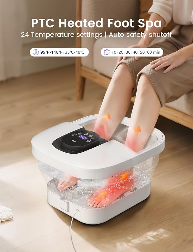 RIKE Collapsible Foot Spa with Heat, Bubbles, 24-Level Temp Control, Red Light, Timer, Foot Soaking Tub with 6 Shiatsu Rollers & Pumice Stone, Foot Bath Massager Pedicure FootSpa for Stress Relief