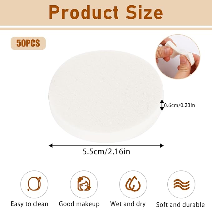 50Pcs White Makeup Sponge Cosmetic Sponge Round Foam Pad Beauty Makeup Eye Face Foundation Powders Blender for All Skin Types, Wet and Dry Dual Use