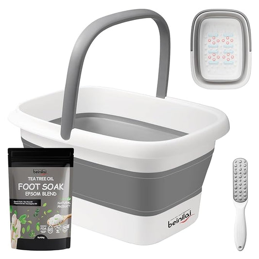 Beinilai Collapsible Foot Bath Kit, Foot Soaking Tub with Handle and Massage Acupoint, Tea Tree Oil Foot Soak with Epsom Salt, and Pedicure Feet File