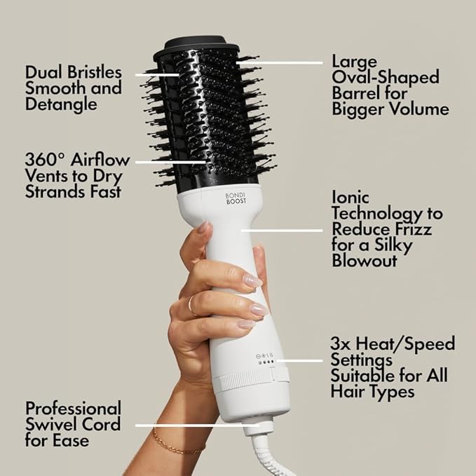 BONDIBOOST Blowout Brush Pro Hair Dryer [75MM], Oval Shape Styler Volumizer for Smooth/Frizz Free Results Great All Types 3X Heat/Speed Options 360° Airflow Vents, (WDD05)…