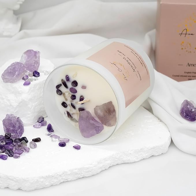 Healing Crystal Candle, Scented Candle Infused Amethyst and Clear Quartz Crystals, English Pear&Freesia Scented,Positivity Energy Wellness, Gift for Women Aromatherapy Clean Vegan 10Oz Jar