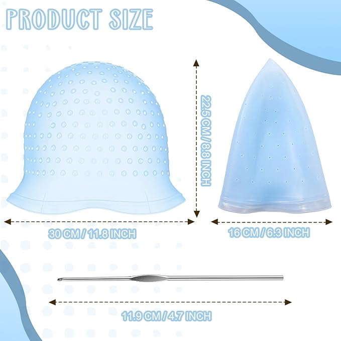Jexine 2 Pcs Hair Coloring Highlighting Cap Reusable Silicone Highlight Cap with Holes and Hook for Hair Coloring, Frosting, Hairdressing & Highlighting, Salon Tools Kit(Blue)