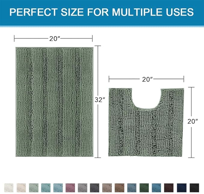H.VERSAILTEX Bathroom Rugs Bath Rug Set 2 Piece Bathroom Contour Rug Toilet Mat Non Slip Contour Bath Rug Ultra Thick Water Absorbent Striped Bath Mats Washable(20" x 32" Plus 20" x 20" U, Green Bay)