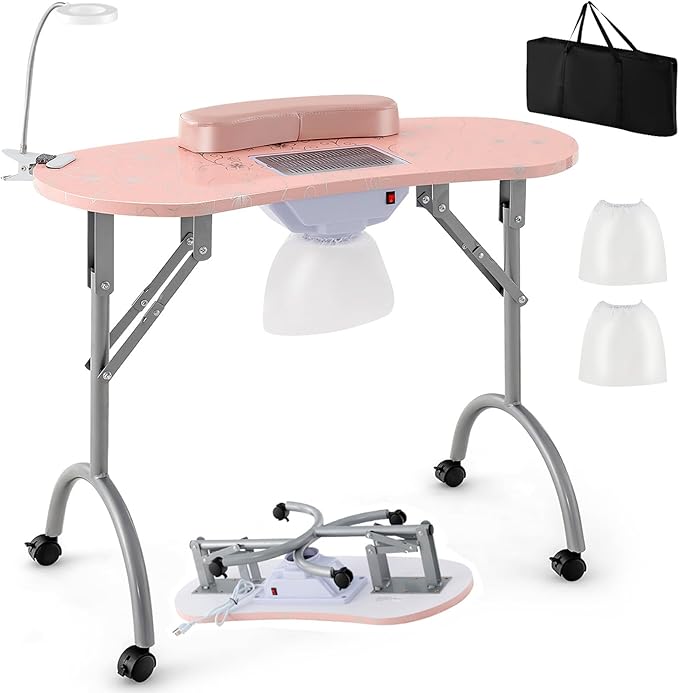 Giantex Nail Table for Nail Tech, Portable Manicure Table with Electric Dust Collector, USB-Plug LED Lamp, Wrist Rest, 4 Lockable Wheels, Foldable Nail Desk with Carry Bag (Pink)