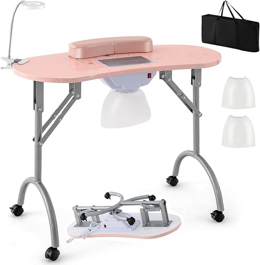 Giantex Nail Table for Nail Tech, Portable Manicure Table with Electric Dust Collector, USB-Plug LED Lamp, Wrist Rest, 4 Lockable Wheels, Foldable Nail Desk with Carry Bag (Pink)