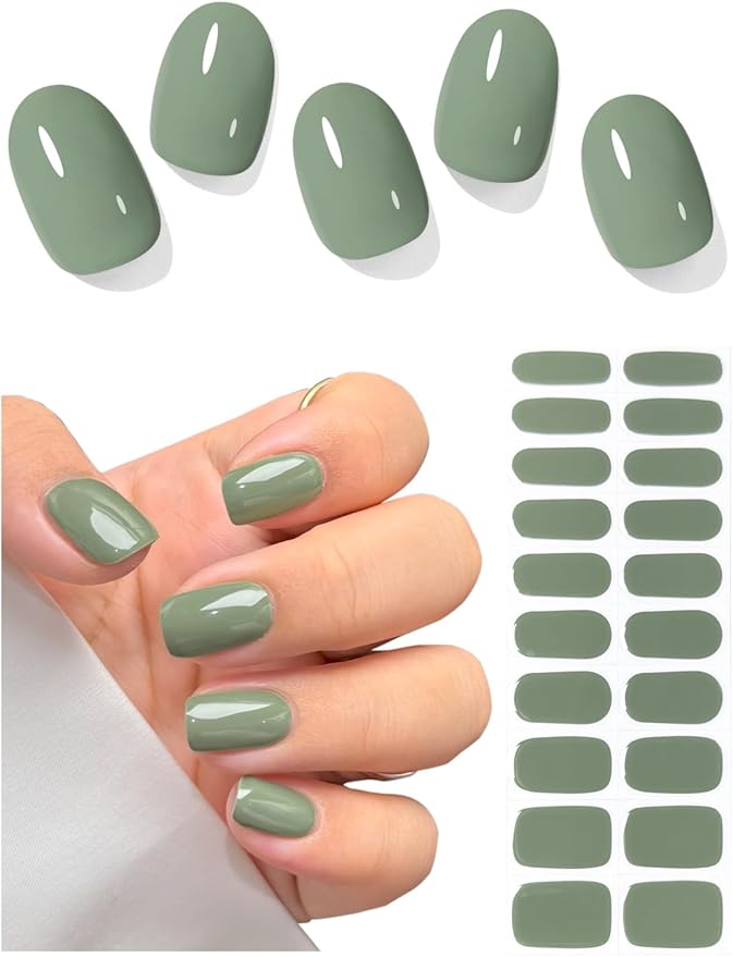 Semi Cured Gel Nail Strips (Army Green), 20 Pcs Gel Nail Wraps, Stickers, Salon Quality, Long Lasting, Works with Any Lamps