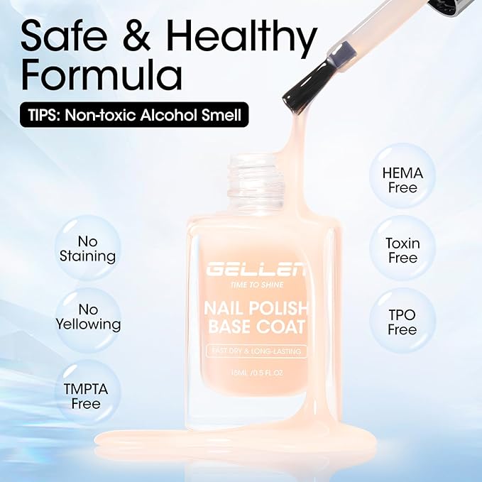 GELLEN 4‑in‑1 Clear Nail Polish Base Coat Sheer Tinted Cream Milky, Ridge Filler For Nails, Nail Strengthener Concealer, Calcium Formula Smoothes Strengthens Nails, Enhances Natural Look, HEMA Free