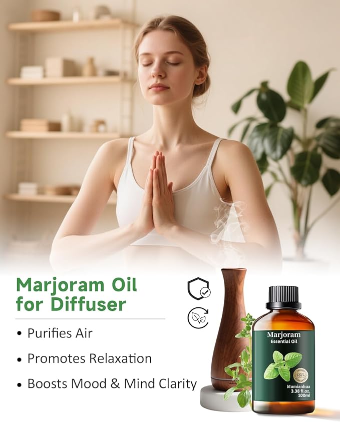 Pure Marjoram Essential Oil, Mumianhua Natural Marjoram Oil for Diffuser, Room Spray, Massage, Humidifier & Air Purifier, Skin, Soothing Comfort, Evening Ease, Outdoor Protection 3.38 Fl Oz