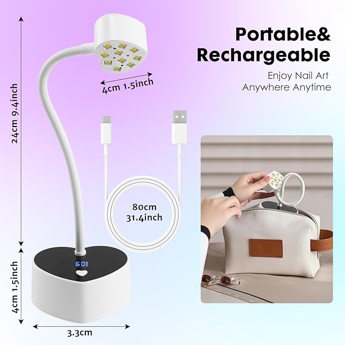Onite UV Light for Gel Nails with Auto Sensor - 30W LED Fast Curing for Gel X Nails, Rechargeable Heart-Shaped Gooseneck Design, Timer & Portable Mini Manicure Tool