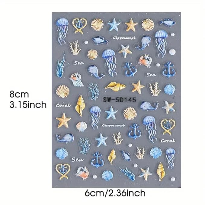 5D Embossed Ocean Life Nail Art Stickers Decals Self Adhesive Seashell Starfish Nail Decals Sea Creature Designs Summer Nail Stickers Marine Life Manicure Sliders for Women DIY Nail Art Decorations