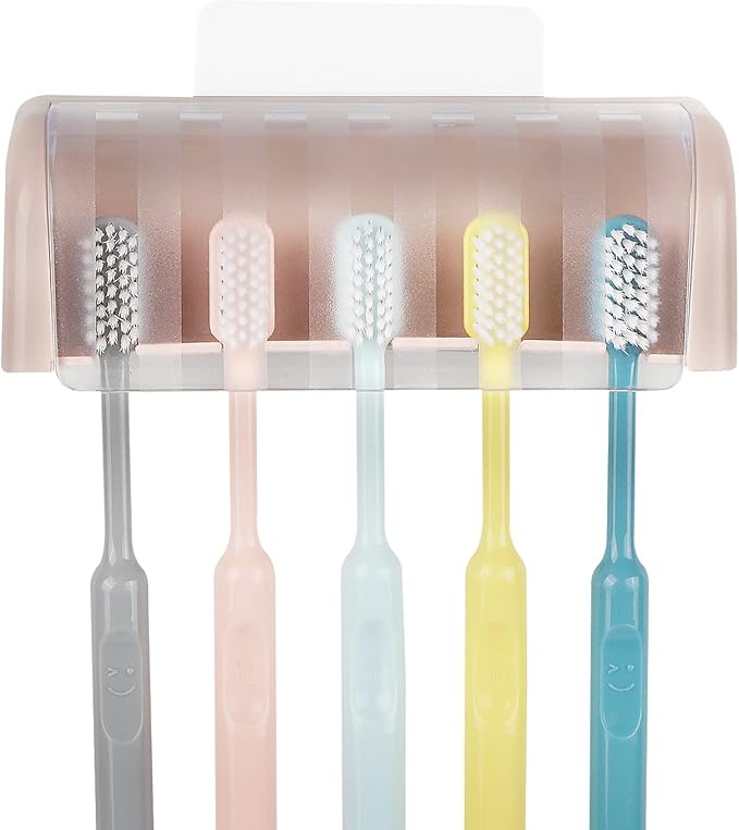 5 Slots Wall Mount Toothbrush Holder with Cover, Self Adhesive Toothbrush Storage Organizer for Shower, Toothbrush Hanger for Bathroom, Medicine Cabinet, Dorm (Pink)