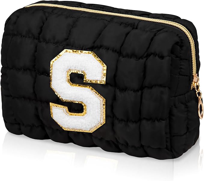 Initial Checkered Makeup Bag, Large Quilted Cosmetic Bag, Cute Make up Pouch for Purse, Travel Toiletry Storage Bag for Women Preppy Teen Girls Gift Trendy Stuff Gift (Black S)