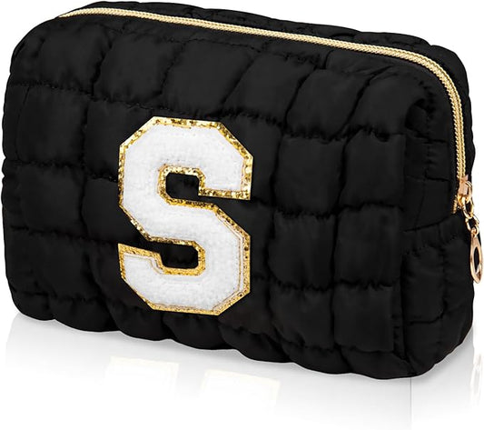 Initial Checkered Makeup Bag, Large Quilted Cosmetic Bag, Cute Make up Pouch for Purse, Travel Toiletry Storage Bag for Women Preppy Teen Girls Gift Trendy Stuff Gift (Black S)