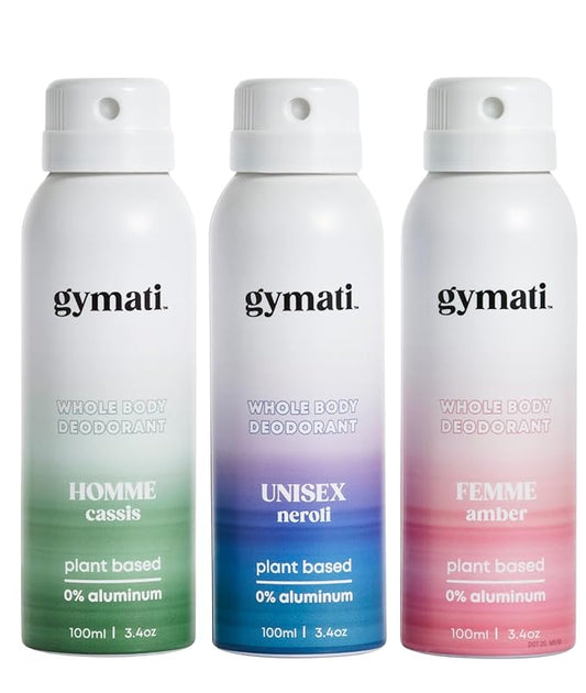 Gymati - Fitness Deodorant Spray - Men & Women - Aluminum-Free - All Day Protection - Built For Sweat - Air-Powered - Vegan & Plant-Based - Made in USA - Unisex+Homme+Femme -3.4oz Travel Size -3 Pack