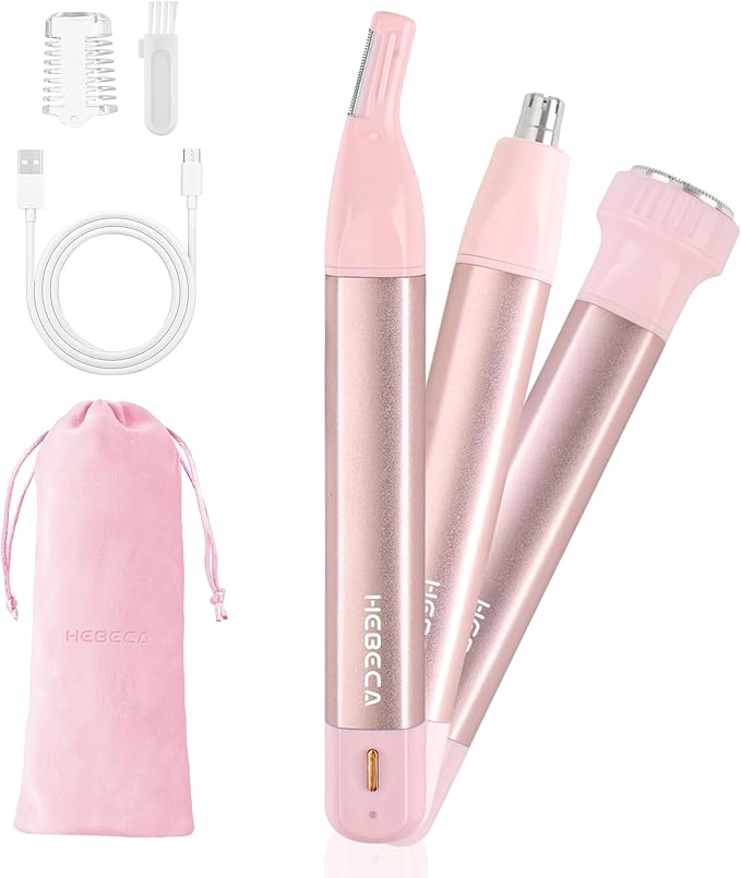 Nose Hair Trimmer for Women 3in1 Facial Hair Removal Trimmers- Rechargeable, Waterproof, Portable with Travel Bag- Trims Nose, Ear, Eyebrow, Peach-Fuzz, Lips, Chin Face Hair Remover (Pink)